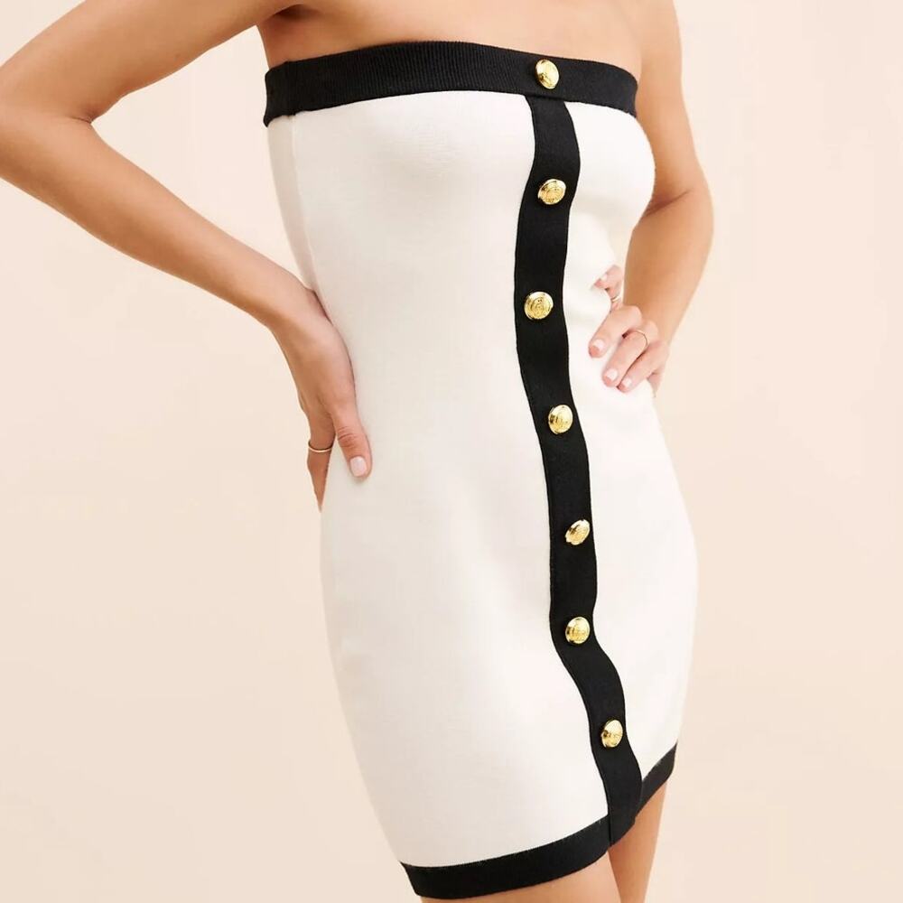 Anthropologie Endless Rose (M) Strapless Knit Tube Mini Dress Contrast Button